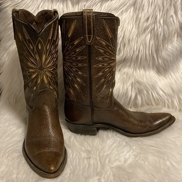 SOLD ❌Vintage ACME - Cowboy Boots Brown Leather w Gold Design Narrow Cowgirl - Picture 2 of 13